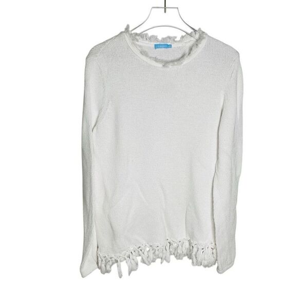 J. McLaughlin white open knit M Medium sweater 100% cotton‎ white fringe tassel - Picture 1 of 7